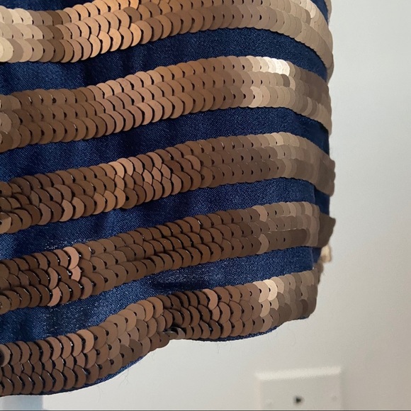 French Connection Sequin Shift Dress Size 4 Black Gold Stripe Short Sleeve Dress - Picture 5 of 15